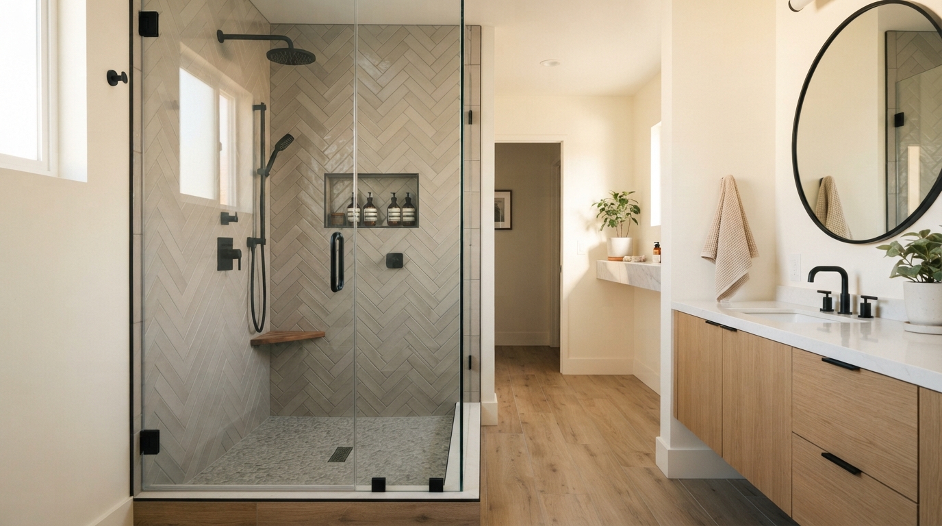 Completed tub-to-shower bathroom remodeling project