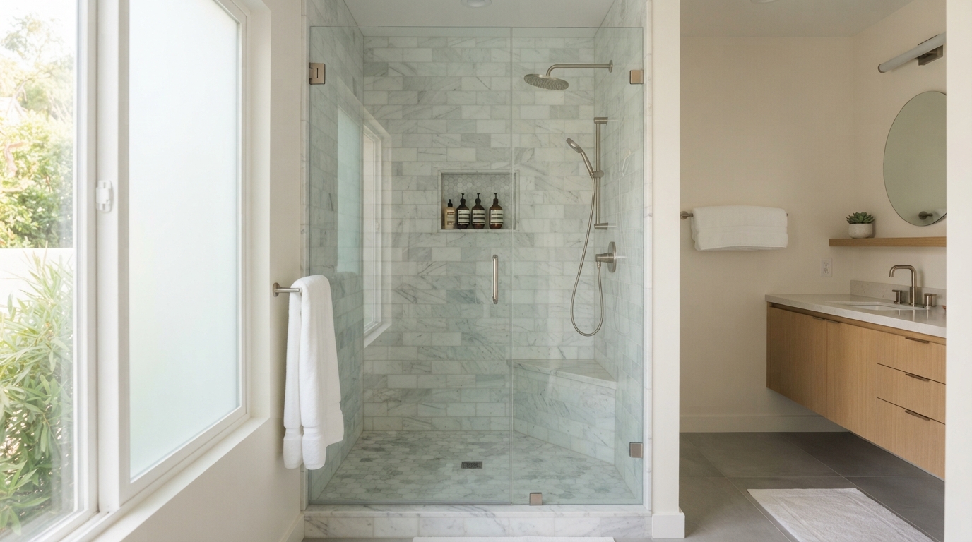 Completed tub-to-shower bathroom remodeling project
